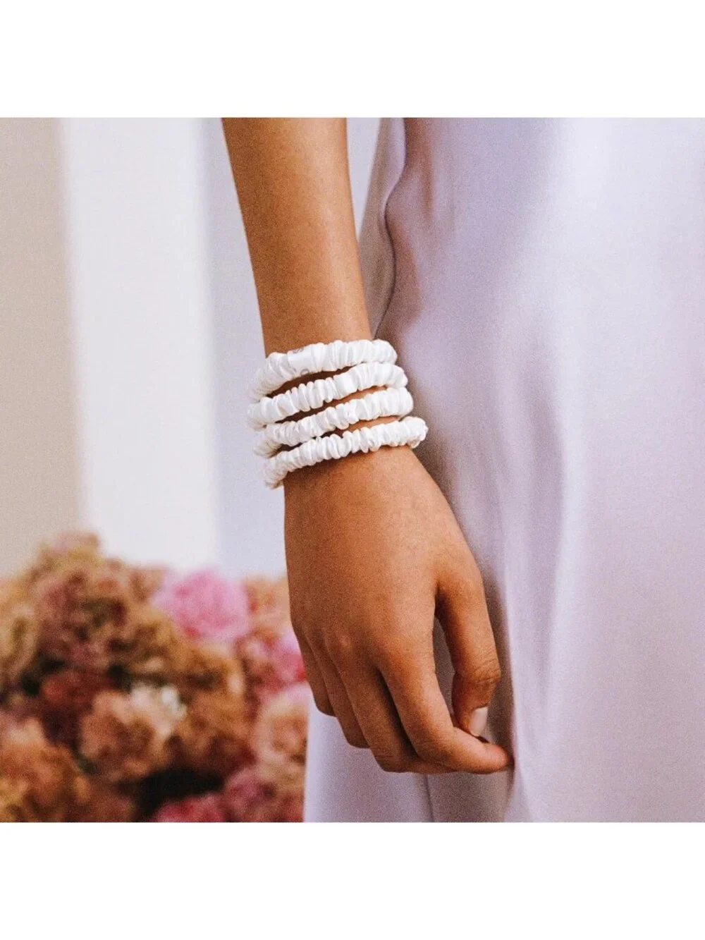 Silk Hair Ties Set of 4 | White Skinny Scrunchies | Anti-Damage & Gentle Hold